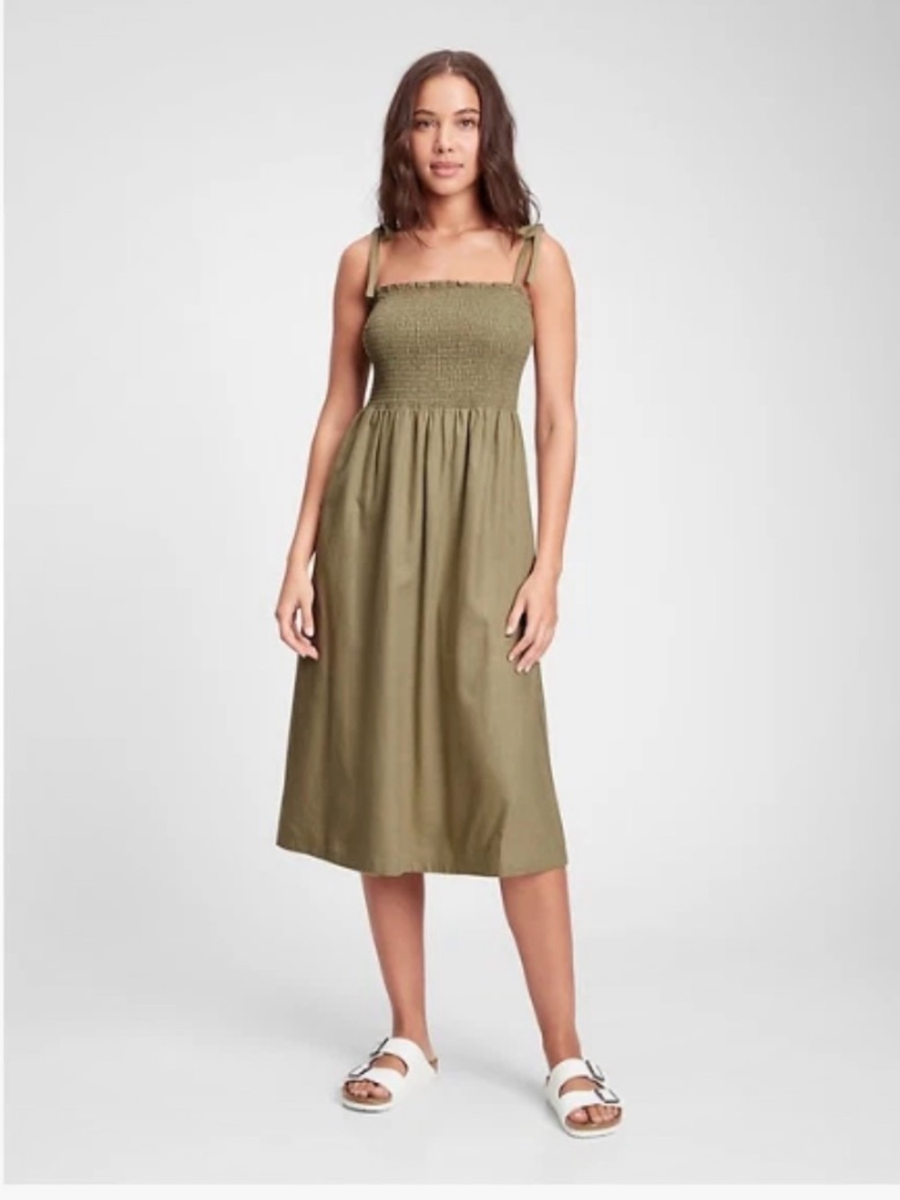 Gap Olive Green Smocked Midi Dress Tie Straps Large XL Sundress Comfy Casual F